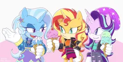 Size: 1259x635 | Tagged: safe, artist:kanayanga, derpibooru import, starlight glimmer, sunset shimmer, trixie, anthro, unicorn, bracelet, female, food, hairclip, ice cream, image, jewelry, jpeg, looking at each other, looking at someone, mobian, sonic the hedgehog (series), sonicified, trio, trio female