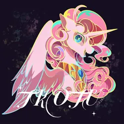 Size: 2048x2048 | Tagged: safe, artist:tkotu1, derpibooru import, pinkie pie, alicorn, pony, alicornified, bust, element of laughter, female, image, jpeg, looking at you, mare, open mouth, open smile, peytral, pinkiecorn, race swap, smiling, solo, text, xk-class end-of-the-world scenario