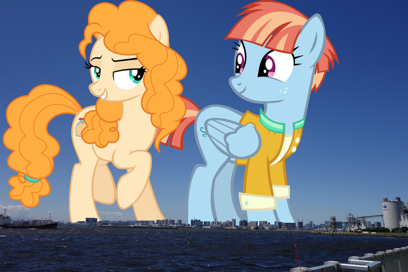 Size: 2048x1365 | Tagged: safe, artist:phucknuckl, artist:thebosscamacho, derpibooru import, edit, editor:jaredking779, pear butter, windy whistles, earth pony, pegasus, pony, duo, duo female, female, giant pony, giantess, grin, highrise ponies, image, irl, japan, jpeg, looking at you, macro, mare, milf, photo, ponies in real life, smiling, tokyo