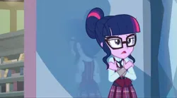 Size: 2160x1200 | Tagged: safe, derpibooru import, screencap, sci-twi, twilight sparkle, human, equestria girls, friendship games, clothes, crystal prep academy, crystal prep academy uniform, female, glasses, hair bun, image, jpeg, necktie, school, school uniform, schoolgirl, solo, song, what more is out there
