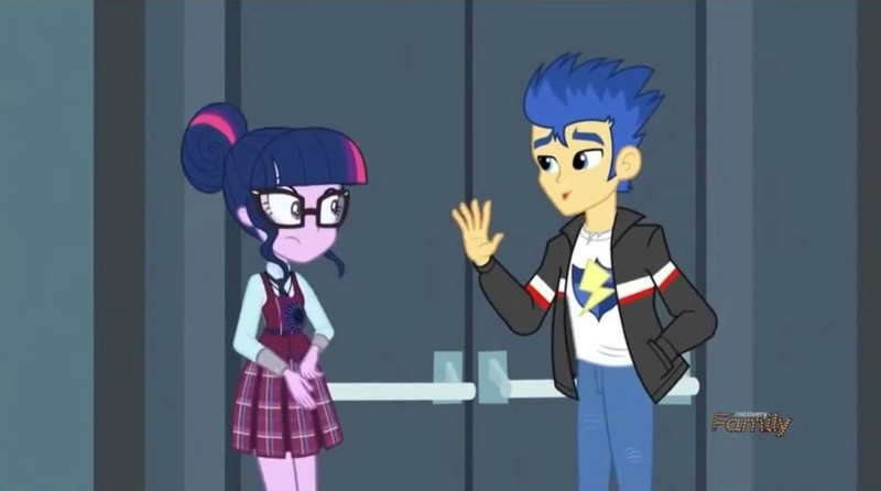 Size: 2160x1203 | Tagged: safe, derpibooru import, screencap, flash sentry, sci-twi, twilight sparkle, human, equestria girls, friendship games, canterlot high, clothes, crystal prep academy uniform, door, female, glasses, hair bun, image, jacket, jpeg, leather jacket, magic capture device, male, necktie, school, school uniform, schoolgirl, shirt, t-shirt