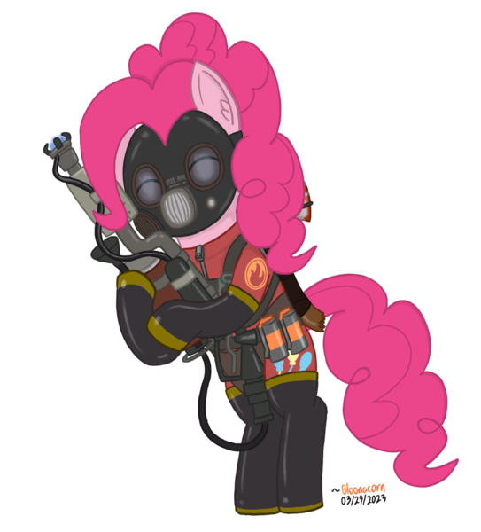 Size: 1056x1166 | Tagged: safe, artist:bloonacorn, derpibooru import, pinkie pie, /mlp/ tf2 general, axtinguisher, degreaser, eyes closed, flamethrower, image, pinkie pyro, png, pyro, simple background, solo, team fortress 2, transparent background, weapon