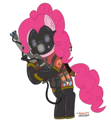 Size: 1056x1166 | Tagged: safe, artist:bloonacorn, derpibooru import, pinkie pie, /mlp/ tf2 general, axtinguisher, degreaser, eyes closed, flamethrower, image, pinkie pyro, png, pyro, simple background, solo, team fortress 2, transparent background, weapon