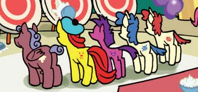 Size: 390x182 | Tagged: safe, artist:ben bates, derpibooru import, idw, giggle fit, laughing matter, trollo lollo, twilight sparkle, earth pony, pegasus, pony, unicorn, spoiler:comicm05, background pony, butt, comic, custard (g4), female, food, image, jolly jumble, male, mare, plot, png, siblings, stallion, target, training, trololo, twins, unicorn twilight