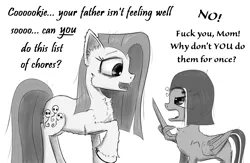 Size: 2200x1437 | Tagged: safe, artist:chopsticks, derpibooru import, pinkie pie, oc, oc:cookie cutter, earth pony, pegasus, pony, comic:wtb is this?, cheek fluff, chest fluff, dialogue, ear fluff, fangs, female, filly, foal, fuck you, image, mare, middle finger, monochrome, mother and child, mother and daughter, pegasus oc, pinkamena diane pie, png, simple background, unshorn fetlocks, vulgar, white background, wing hands, wings
