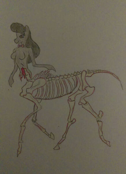 Size: 762x1049 | Tagged: questionable, artist:donkeythe1, derpibooru import, octavia melody, centaur, skeleton pony, taur, bone, horror, image, jpeg, skeleton