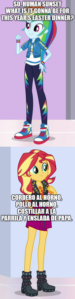 Size: 500x1973 | Tagged: safe, derpibooru import, edit, edited screencap, screencap, rainbow dash, sunset shimmer, equestria girls, equestria girls series, argentina, comic, easter, food, holiday, human sunset, image, png, screencap comic, spanish, translated in the description