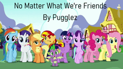 Size: 1920x1080 | Tagged: safe, artist:pugglez, artist:user15432, derpibooru import, applejack, fluttershy, pinkie pie, rainbow dash, rarity, spike, starlight glimmer, sunset shimmer, twilight sparkle, twilight sparkle (alicorn), alicorn, dragon, earth pony, pegasus, pony, unicorn, animated, anime reference, image, link in description, looking at you, love live!, mane seven, mane six, mountain, music, no matter what we're friends, one eye closed, open mouth, open smile, ponyville, smiling, smiling at you, song, sound only, webm, winged spike, wings, wink, winking at you, youtube link