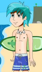Size: 670x1142 | Tagged: safe, artist:ocean lover, derpibooru import, sandbar, human, beach, belly, belly button, chest, cliff, clothes, cutie mark, green eyes, hair over one eye, human coloration, humanized, image, jewelry, looking at you, ms paint, necklace, ocean, outdoors, png, sand, seashell, shiny skin, skinny, sky, smiling, summer, surfboard, swimming trunks, swimsuit, teenager, water