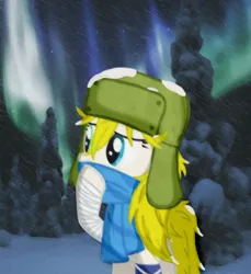 Size: 1280x1395 | Tagged: safe, artist:kobato98, derpibooru import, oc, oc:klever, ponified, unofficial characters only, earth pony, pony, aurora borealis, bandage, clothes, female, hat, heterochromia, image, jpeg, mare, scarf, snow, solo, ushanka