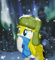Size: 1280x1395 | Tagged: safe, artist:kobato98, derpibooru import, oc, oc:klever, ponified, unofficial characters only, earth pony, pony, aurora borealis, bandage, clothes, female, hat, heterochromia, image, jpeg, mare, scarf, snow, snowfall, solo, ushanka