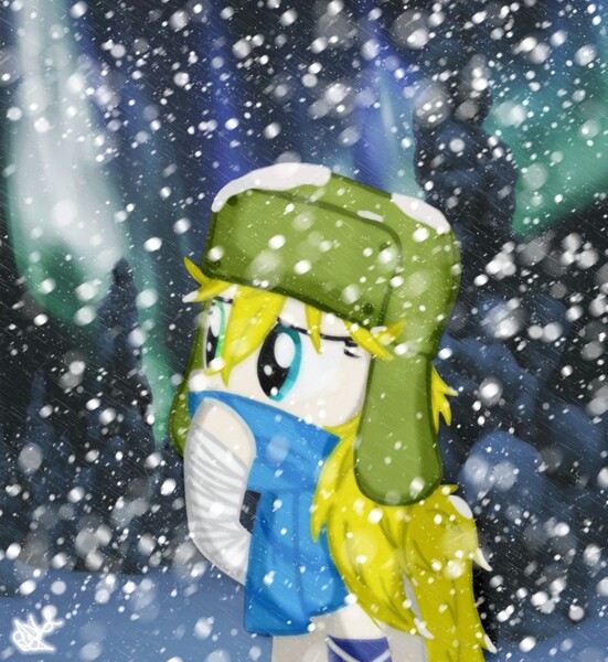 Size: 1280x1395 | Tagged: safe, artist:kobato98, derpibooru import, oc, oc:klever, ponified, unofficial characters only, earth pony, pony, aurora borealis, bandage, clothes, female, hat, heterochromia, image, jpeg, mare, scarf, snow, snowfall, solo, ushanka