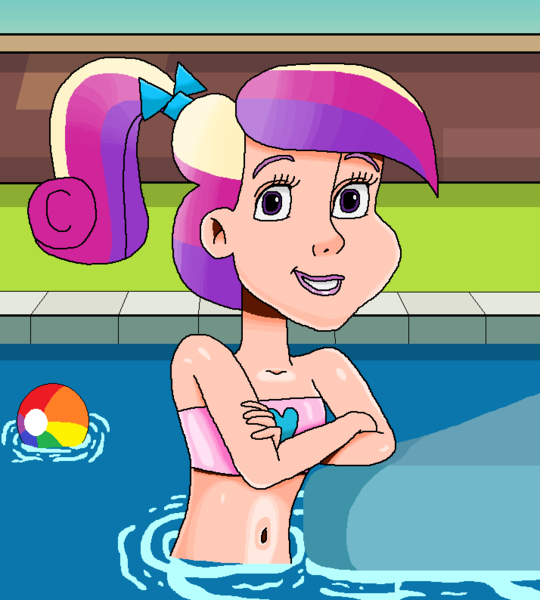 Size: 714x794 | Tagged: safe, artist:ocean lover, derpibooru import, princess cadance, human, bandeau, bare midriff, beautiful, beautiful eyes, beautiful hair, beautisexy, belly, belly button, bikini, bikini top, bow, brick wall, clothes, crossed arms, cute, cutedance, floaty, gradient hair, grass, hair bow, happy, heart, human coloration, humanized, image, lips, looking at you, midriff, ms paint, multicolored hair, outdoors, pink bikini, png, ponytail, pool toy, pose, pretty, princess of love, purple eyes, sky, smiling, smiling at you, spring break, summer, swimming, swimming pool, swimsuit, teen princess cadance, teenager, wall, water, young, young cadance, younger