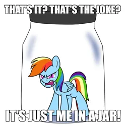 Size: 900x900 | Tagged: safe, artist:unitxxvii, derpibooru import, rainbow dash, pegasus, pony, caption, female, image, image macro, jar, lewd container meme, png, pony in a bottle, solo, text