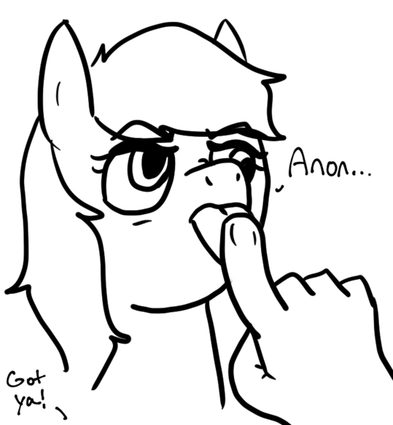 Size: 700x758 | Tagged: safe, artist:zan logemlor, derpibooru import, derpy hooves, oc, oc:anon, human, pegasus, pony, bust, dialogue, female, grayscale, hand, image, mare, monochrome, png, simple background, talking, tongue out, white background