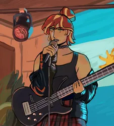 Size: 1849x2048 | Tagged: safe, artist:cardigansandcats, artist:suntwiilight, derpibooru import, sunset shimmer, equestria girls, bass guitar, clothes, female, image, jacket, jpeg, leather, leather jacket, musical instrument, solo, tanktop
