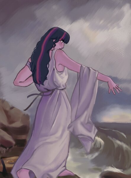 Size: 1512x2048 | Tagged: safe, artist:cardigansandcats, derpibooru import, twilight sparkle, human, equestria girls, barefoot, clothes, feet, fine art parody, image, jpeg, painting, side view, solo, standing, the death of sappho