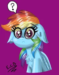 Size: 2900x3700 | Tagged: safe, artist:estrellasombria, derpibooru import, rainbow dash, pegasus, pony, chest fluff, confused, floppy ears, image, png, purple background, question mark, simple background, solo