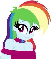Size: 1635x1920 | Tagged: safe, artist:roseluck, derpibooru import, rainbow dash, human, equestria girls, alternate hairstyle, bare shoulders, big breasts, braless, breasts, bust, busty rainbow dash, choker, cleavage, clothes, derpibooru exclusive, dress, female, geode of super speed, happy, image, looking at you, magical geodes, png, shading, simple background, sleeveless, sleeveless dress, smiling, smiling at you, solo, strapless, strapless dress, three quarter view, white background