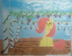 Size: 1396x1080 | Tagged: safe, artist:anonymous, fluttershy, pegasus, pony, /bale/, cloud, cute, food, gouache, grapes, image, png, scenery, sky, smiling, solo, traditional art, vine