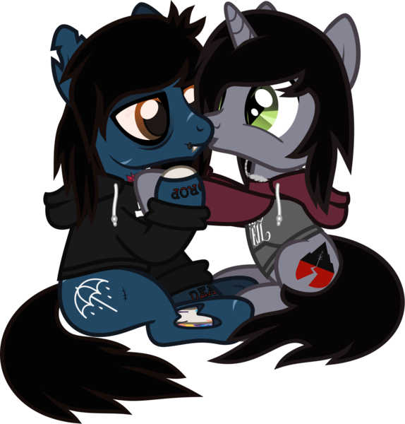 Size: 1280x1339 | Tagged: safe, artist:lightningbolt, derpibooru import, oc, ponified, ponified:kellin quinn, ponified:oliver sykes, pony, undead, unicorn, zombie, zombie pony, .svg available, bags under eyes, bone, bring me the horizon, clothes, derpibooru exclusive, disguise, disguised siren, duo, duo male, fangs, gay, hoodie, horn, hug, image, jewelry, kiss on the cheek, kissing, lidded eyes, lip piercing, long sleeves, male, necklace, piercing, png, scar, shipping, simple background, sitting, sleeping with sirens, slit pupils, smiling, smirk, stallion, stitches, tattoo, torn ear, transparent background, vector