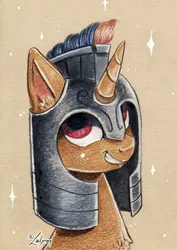 Size: 1024x1444 | Tagged: safe, artist:lailyren, derpibooru import, oc, unofficial characters only, pony, unicorn, chest fluff, colored pencil drawing, ear fluff, grin, guard, helmet, image, jpeg, looking up, red eyes, signature, simple background, smiling, solo, sparkles, tan background, traditional art