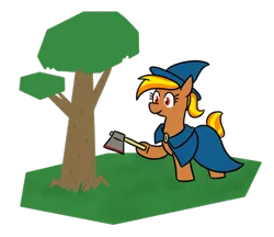 Size: 788x681 | Tagged: safe, artist:jargon scott, derpibooru import, oc, oc:flute salad, earth pony, axe, chopping wood, earth pony oc, eyelashes, hat, hoof hold, image, png, ponytail, runescape, simple background, transparent background, tree, weapon, wizard hat, wizard robe
