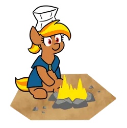 Size: 614x616 | Tagged: safe, artist:jargon scott, derpibooru import, oc, oc:flute salad, earth pony, campfire, chef's hat, cooking, dirt, earth pony oc, fire, hat, image, png, ponytail, rock, runescape, simple background, sitting, transparent background, wizard robe