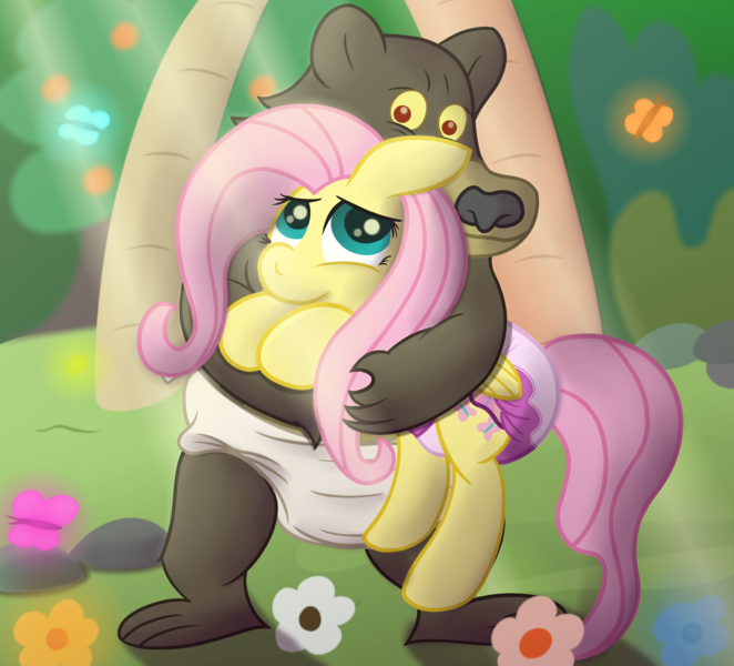 Size: 2600x2356 | Tagged: questionable, artist:sweetielover, derpibooru import, fluttershy, harry, bear, butterfly, insect, pegasus, pony, countryside, crepuscular rays, cute, diaper, diaper fetish, duo, female, fetish, flower, folded wings, forest, high res, hug, image, male, png, poofy diaper, shyabetes, tree, wings
