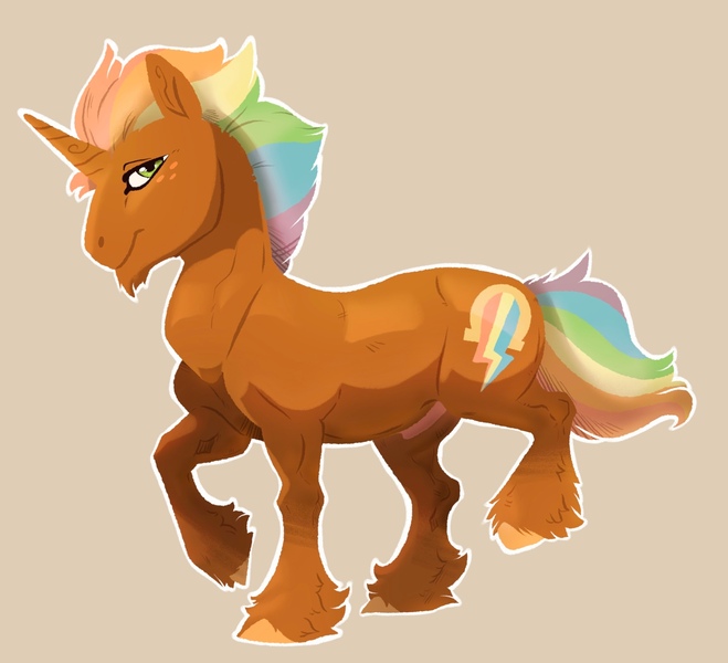 Size: 2277x2073 | Tagged: safe, artist:sandieflower, derpibooru import, oc, oc:lucky shot, unofficial characters only, pony, unicorn, beard, brown background, facial hair, image, jpeg, male, multicolored hair, offspring, parent:donut joe, parent:rainbow dash, parents:donutdash, rainbow hair, simple background, stallion