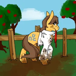 Size: 500x500 | Tagged: safe, artist:sinclair2013, derpibooru import, caramel, earth pony, pony, clothes, eye clipping through hair, eyebrows, eyebrows visible through hair, fence, image, male, mouth hold, mud, muddy, necktie, png, shirt, solo, stallion, tree
