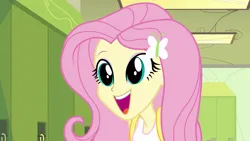 Size: 1920x1080 | Tagged: safe, derpibooru import, screencap, fluttershy, human, equestria girls, equestria girls (movie), 1080p, cute, dilated pupils, g4, happy, image, open mouth, open smile, png, reaction image, shyabetes, smiling, solo