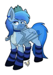 Size: 2057x2921 | Tagged: safe, artist:rokosmith26, derpibooru import, oc, oc:simon pegasus, unofficial characters only, bat pony, pony, bat eyes, bat pony oc, bat wings, blue, blue coat, blue eyes, blue eyeshadow, blue fur, blue mane, blue socks, border, cheek fluff, chest fluff, claws, clothes, coat markings, collar, colored wings, commission, crown, digital art, ear piercing, earring, eyeshadow, fangs, high res, image, jewelry, lidded eyes, long tail, makeup, male, markings, piercing, png, regalia, smiling, socks, solo, stallion, standing, striped mane, striped socks, striped tail, tail, two toned wings, watermark, wing claws, wings