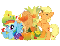 Size: 2048x1583 | Tagged: safe, derpibooru import, applejack, rainbow dash, earth pony, pegasus, pony, apple, autumn, cornucopia, cute, daaaaaaaaaaaw, food, fruit, image, png, pumpkin, simple background, transparent background, zazzle