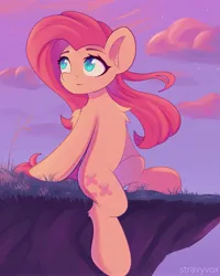 Size: 3277x4096 | Tagged: safe, artist:stravy_vox, derpibooru import, fluttershy, pegasus, pony, cloud, female, grass, image, jpeg, looking up, mare, sitting, smiling, solo