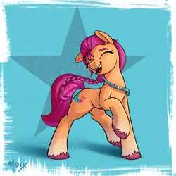 Size: 3000x3000 | Tagged: safe, artist:supermoix, derpibooru import, sunny starscout, earth pony, pony, my little pony: a new generation, badge, bag, eyebrows, eyes closed, female, g5, happy, image, mare, pin, png, simple background, solo