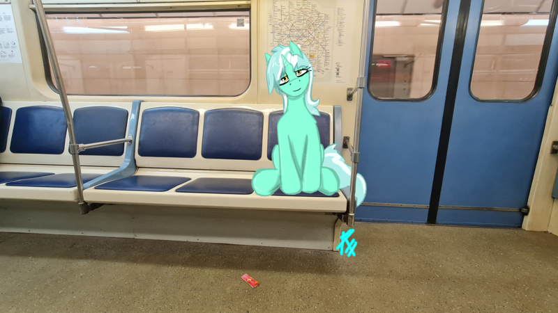 Size: 4000x2252 | Tagged: safe, artist:raw16, derpibooru import, lyra heartstrings, unicorn, food, image, looking at you, metro, moscow, png, sitting, solo, subway, train