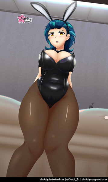 Size: 596x1000 | Tagged: questionable, artist:clouddg, derpibooru import, indigo zap, equestria girls, breasts, bunny suit, busty indigo zap, cameltoe, clothes, image, looking at you, looking down, playboy bunny, playboy bunny indigo zap, png, socks, stockings, thigh highs