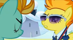 Size: 2160x1205 | Tagged: safe, derpibooru import, screencap, lightning dust, spitfire, pegasus, pony, wonderbolts academy, clothes, drill sergeant, female, image, jpeg, necktie, suit, sunglasses, uniform, whistle, whistle necklace, wonderbolts dress uniform