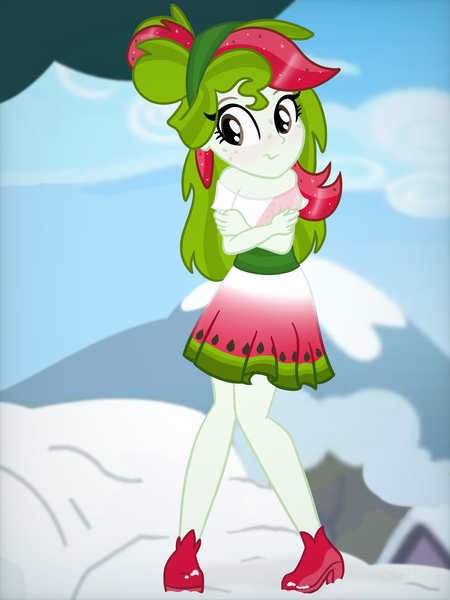 Size: 2768x3690 | Tagged: safe, artist:sjart117, derpibooru import, oc, oc:watermelana, unofficial characters only, human, equestria girls, blushing, clothes, cloud, cold, dress, female, freckles, headband, heeled boots, image, png, shivering, sky, snow, solo, tree