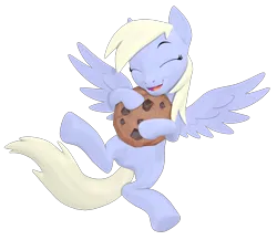 Size: 2420x2100 | Tagged: safe, artist:owlpirate, derpibooru import, derpy hooves, pegasus, pony, 3d, cookie, cute, derpabetes, eyes closed, female, food, high res, image, mare, open mouth, open smile, png, simple background, smiling, solo, source filmmaker, spread wings, transparent background, wings