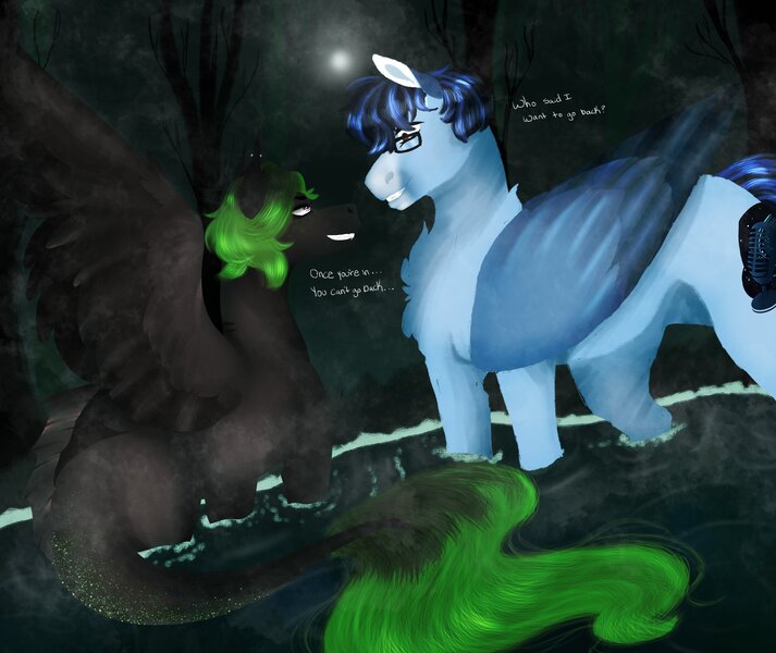 Size: 4000x3365 | Tagged: safe, artist:inisealga, derpibooru import, oc, oc:fae lagoon, oc:soaring spirit, unofficial characters only, hybrid, kelpie, pegasus, pony, accessories, cutie mark, duo, duo male and female, facial markings, female, folded wings, glasses, hybrid oc, image, jpeg, lake, male, mare, moon, night, partially submerged, pegasus oc, spread wings, stallion, standing in water, water, wings