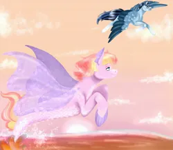 Size: 2980x2604 | Tagged: safe, artist:inisealga, derpibooru import, oc, oc:radiant daylight, oc:soaring spirit, unofficial characters only, hippogriff, pegasus, pony, seapony (g4), cloud, coat markings, colored wings, duo, duo male and female, female, flying, glasses, hippogriff oc, image, jpeg, male, mare, markings, multicolored hair, multicolored mane, multicolored tail, multicolored wings, ocean, pegasus oc, raffle, raffle prize, raffle winner, sky, socks (coat marking), spread wings, stallion, sunset, tail, water, wings