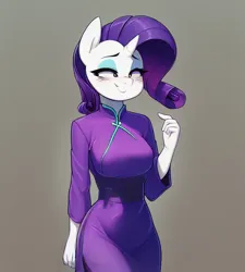 Size: 656x728 | Tagged: safe, derpibooru import, editor:xyzzymoon, machine learning generated, purplesmart.ai, stable diffusion, rarity, anthro, unicorn, beckoning, blushing, cheongsam, clothes, dress, female, grayscale, image, imminent sneezing, monochrome, png, solo