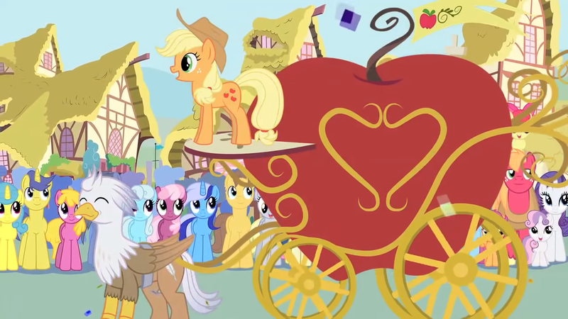 Size: 1280x720 | Tagged: safe, artist:mlp-silver-quill, derpibooru import, apple bloom, applejack, big macintosh, bon bon, caramel, cheerilee, cherry berry, comet tail, derpy hooves, lemon hearts, linky, minuette, rarity, scootaloo, shoeshine, sweetie belle, sweetie drops, oc, oc:silver quill, pony, after the fact, after the fact:applejack appreciation, applejack's hat, carriage, cheeribetes, cowboy hat, cute, derpabetes, female, filly, hat, image, jackabetes, minubetes, ocbetes, pennant, png, ponyville, ticker tape