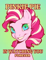 Size: 972x1280 | Tagged: safe, artist:guiltyseagull, derpibooru import, pinkie pie, earth pony, pony, alternate design, bust, caption, forever, green background, image, jpeg, simple background, smiling, solo, text