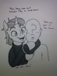 Size: 1536x2048 | Tagged: safe, artist:pony quarantine, derpibooru import, zesty gourmand, oc, oc:anon, human, pony, unicorn, blushing, dialogue, duo, female, grayscale, hoof around neck, image, jpeg, male, mare, monochrome, talking to viewer, traditional art