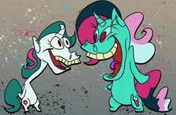 Size: 1644x1080 | Tagged: safe, artist:imiya, derpibooru import, fizzy, gusty, anthro, unicorn, duo, g1, image, open mouth, png, ren and stimpy, simple background