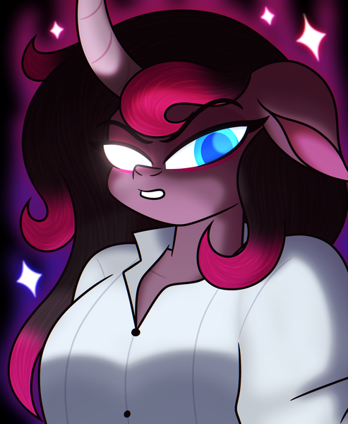 Size: 4600x5600 | Tagged: safe, artist:iceflower99, derpibooru import, oleander (tfh), anthro, classical unicorn, unicorn, them's fightin' herds, blue eyes, clothes, cloven hooves, community related, curved horn, floppy ears, freckles, glow, glowing eyes, horn, image, leonine tail, png, shirt, solo, unshorn fetlocks, video at source, video in description