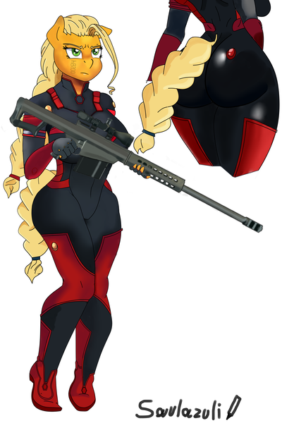 Size: 2000x3000 | Tagged: questionable, artist:pia-sama, artist:saulazuli, derpibooru import, oc, oc:00284, anthro, comic:rogue diamond, armor, battlefield, breasts, clothes, digital art, female, image, large butt, png, simple background, sniper, socks, thigh highs, thighs, weapon, wide hips